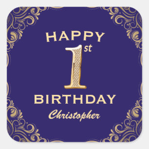 1st Birthday Party Navy Blue and Gold Glitter Square Sticker