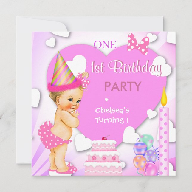 1st Birthday Party Pink Blonde Baby Girl Invitation (Front)