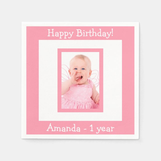 1st birthday party pink photo girl napkin (Front)