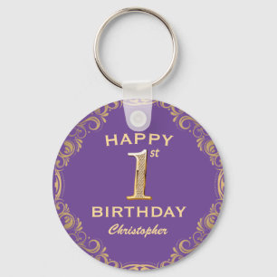 1st Birthday Party Purple and Gold Glitter Frame Key Ring