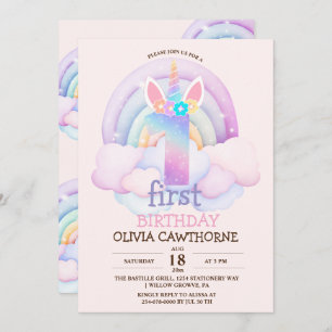 1st Birthday Party Rainbow Unicorn  Invitation