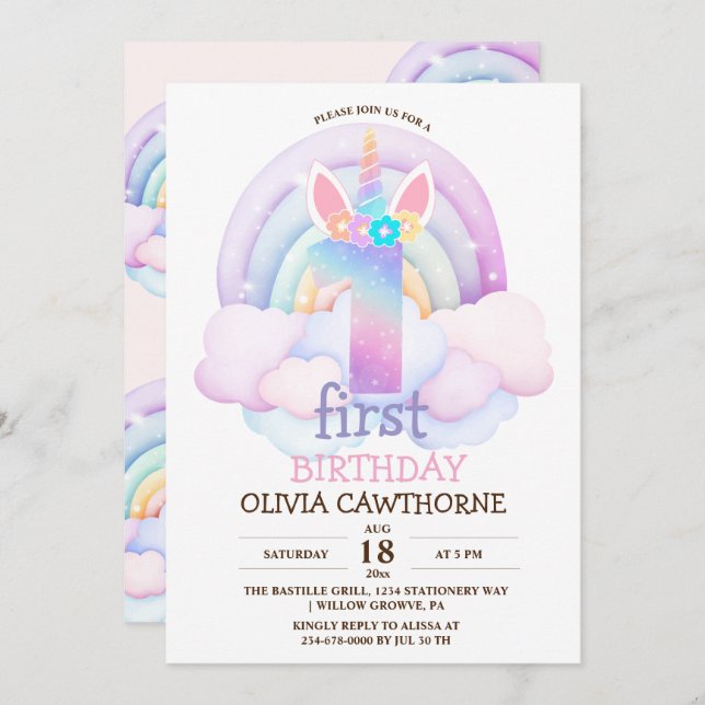 1st Birthday Party Rainbow Unicorn  Invitation (Front/Back)