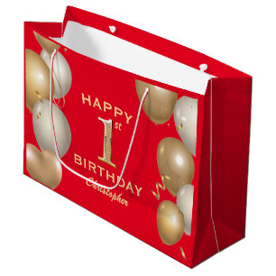 1st Birthday Party Red and Gold Balloons Large Gift Bag