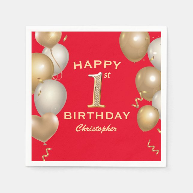 1st Birthday Party Red and Gold Balloons Napkin (Front)