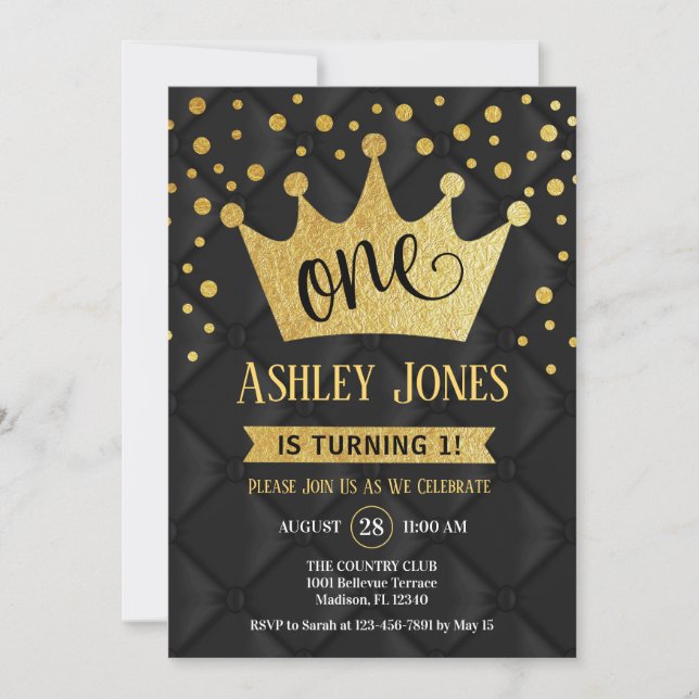 1st Birthday Party - Royal Black Gold Invitation (Front)