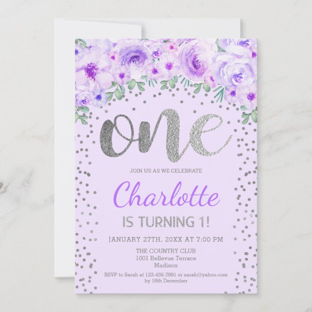 1st Birthday Party - Silver Purple Invitation (Front)