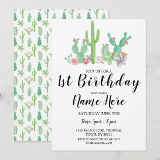 1st Birthday Party Watercolor Cactus Cacti One Invitation