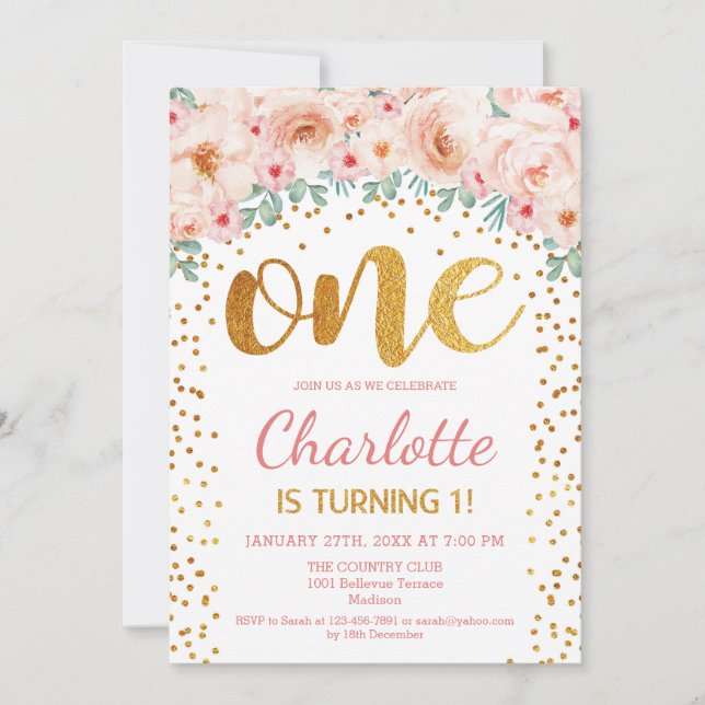 1st Birthday Party - White Gold Pink Invitation (Front)