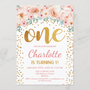 1st Birthday Party - White Gold Pink Invitation