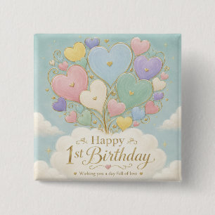 1st Birthday Pastel Heart Balloon Bouquet 15 Cm Square Badge