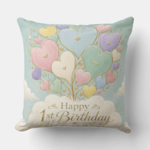 1st Birthday Pastel Heart Balloon Bouquet Cushion
