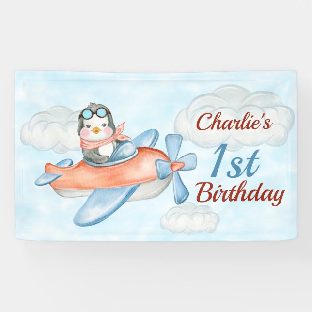 1st Birthday Penguin Aeroplane Blue Banner (Horizontal)