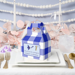 1st Birthday Photo Blue Gingham Fish Gold Foil Favour Box