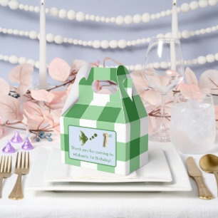 1st Birthday Photo Green Gingham Fish Gold Foil Favour Box