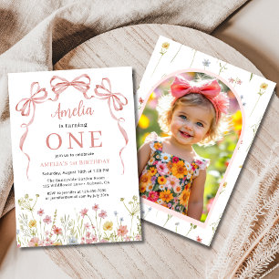 1st Birthday Photo Pink Coquette Bow Wildflower  Invitation