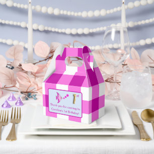 1st Birthday Photo Pink Gingham Fish Gold Foil Favour Box