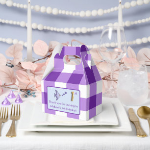 1st Birthday Photo Purple Gingham Fish Gold Foil Favour Box