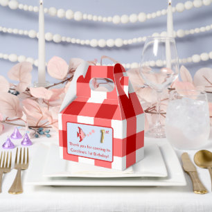 1st Birthday Photo Red Gingham Fish Gold Foil Favour Box