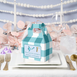 1st Birthday Photo Teal Gingham Fish Gold Foil Favour Box