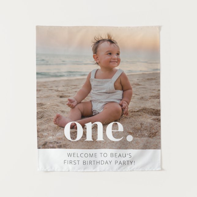 1st Birthday Photo Welcome Sign Tapestry (Front)