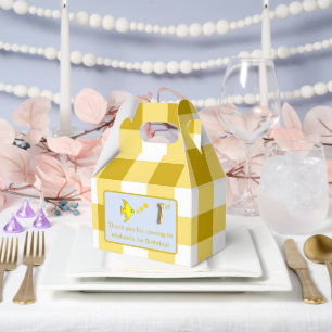 1st Birthday Photo Yellow Gingham Fish Gold Foil Favour Box