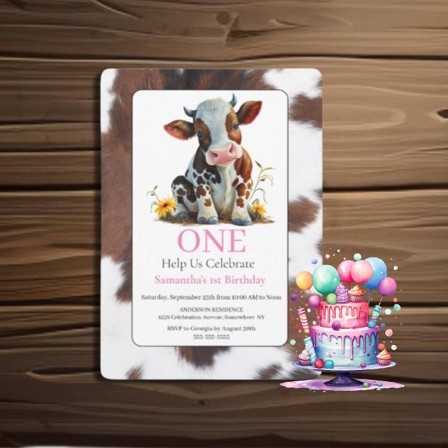  1st Birthday Pink Baby Cow Invitation  (kIDS bIRTHDAY )