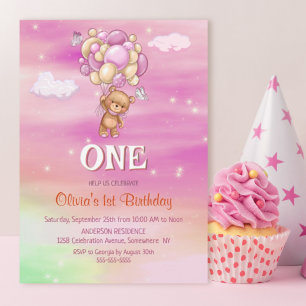 1st Birthday Pink Balloons Teddy Bear Invitation
