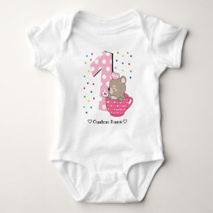 1st birthday pink bear in a cup First Birthday Baby Bodysuit