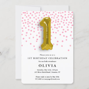 1st Birthday Pink Confetti and Gold Balloon Invitation
