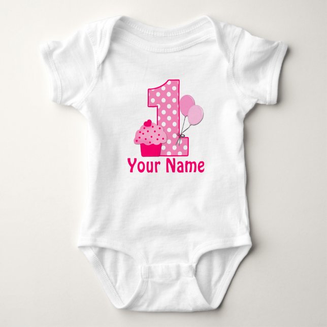 1st Birthday Pink Cupcake Personalised Baby Bodysuit (Front)