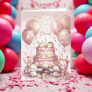 1st Birthday Pink Cute Animals Girl Name Card