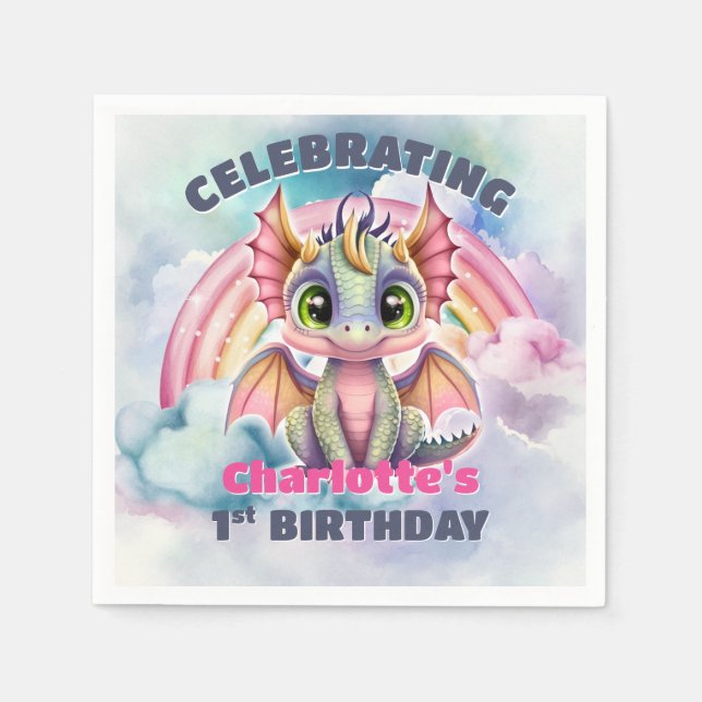 1st Birthday Pink Dragon Party Napkin (Front)