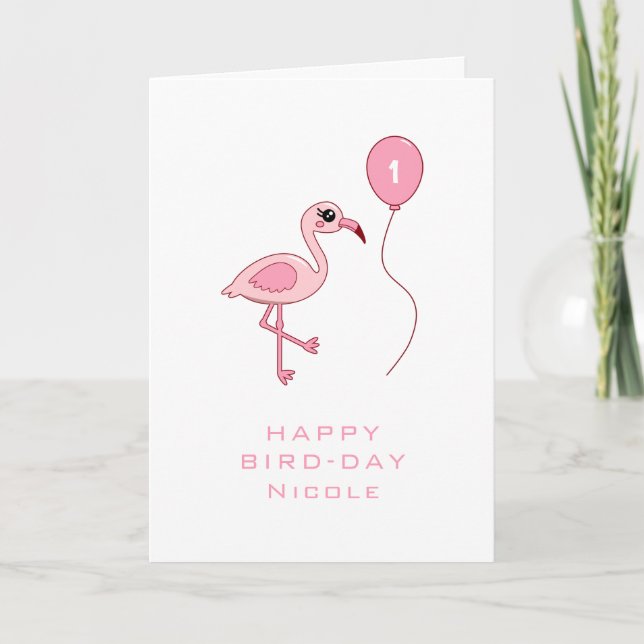 1st Birthday Pink Flamingo Happy Bird-day Card (Front)