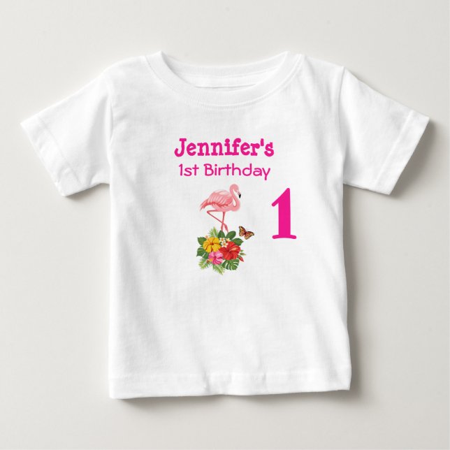1st Birthday Pink Flamingo & Tropical Hibiscus Baby T-Shirt (Front)