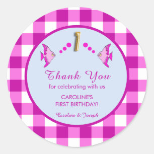 1st Birthday Pink Gingham Fish Thank You Classic Round Sticker