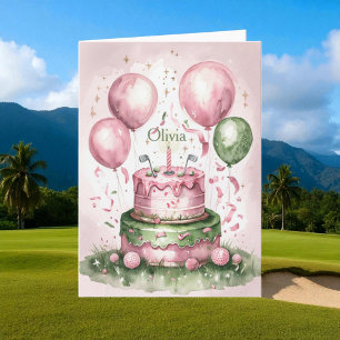 1st Birthday Pink Green Cute Golfer Girl Name Card