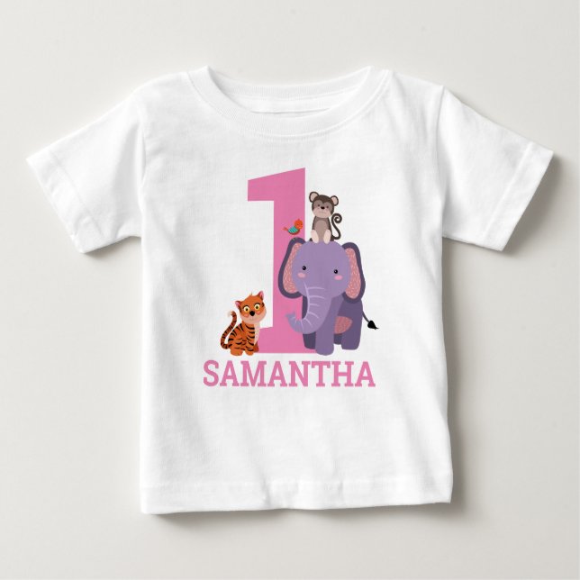 1st Birthday Pink Jungle Animals Girl Baby T-Shirt (Front)