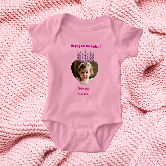 1st Birthday pink name photo tiara baby girl Baby Bodysuit (Creator Uploaded)