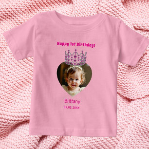 1st Birthday pink name photo tiara baby girl Baby T-Shirt