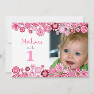 1st Birthday Pink Party Invitation Photo Card