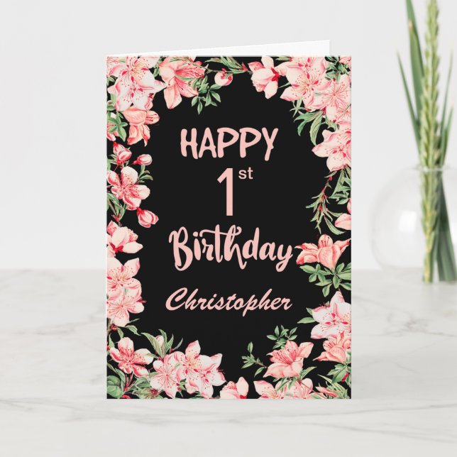 1st Birthday Pink Peach Watercolor Floral Black Card (Front)
