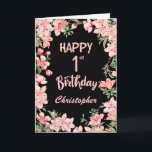 1st Birthday Pink Peach Watercolor Floral Black Card<br><div class="desc">1st Birthday Pink Peach Watercolor Floral Black Birthday Card. For further customisation,  please click the "Customise it" button and use our design tool to modify this template.</div>