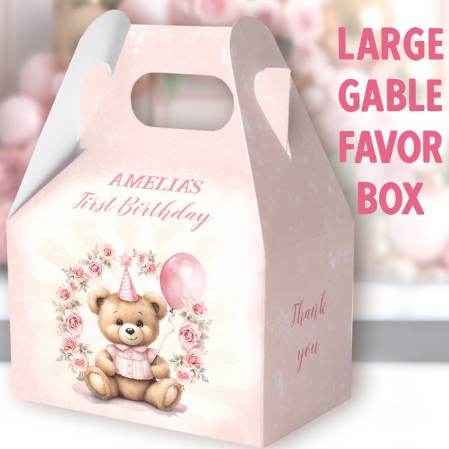 1st Birthday Pink Roses Cute Bear Large Gable Favour Box (Bear Roses Large Gable Favor Boxes - You can choose from 3 sizes of these gable favor boxes)