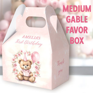 1st Birthday Pink Roses Cute Bear Medium Gable Favour Box