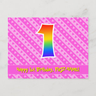 1st Birthday: Pink Stripes & Hearts, Rainbow 1 Postcard