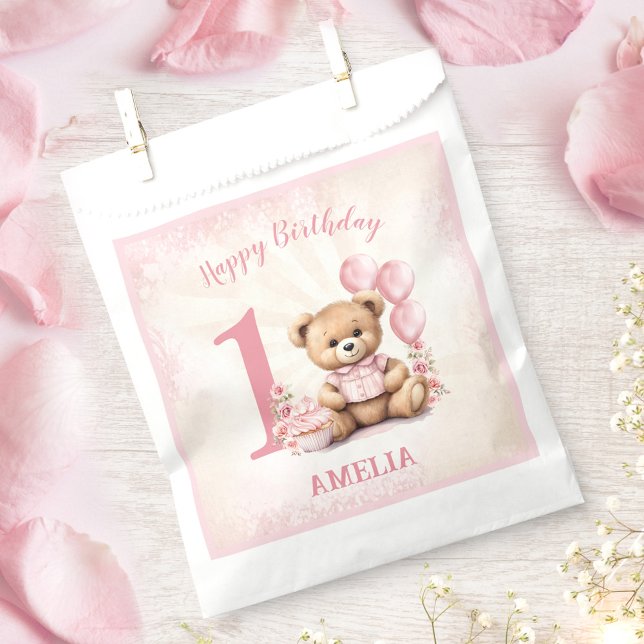 1st Birthday Pink Teddy Bear Favour Bag  (1st Birthday Pink Teddy Bear Favor Bag)