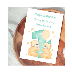 1st Birthday Polka Dot Teddies Twin Birthday Card