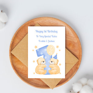 1st Birthday Polka Dot Teddies Twin Boys Card