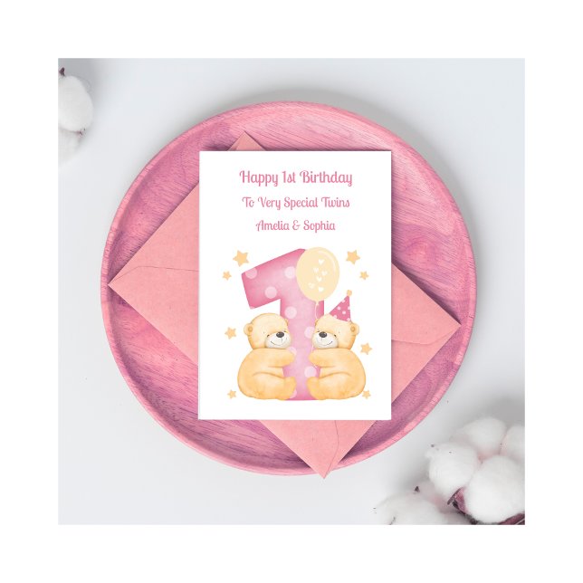1st Birthday Polka Dot Teddies Twin Girls Card (Creator Uploaded)