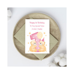1st Birthday Polka Dot Teddies Twin Girls Card
